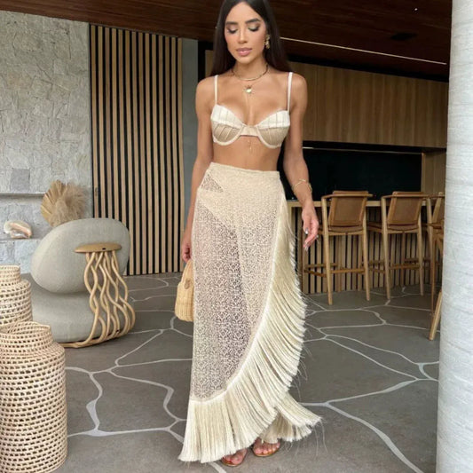 Halter Cutout Crochet Fringed Trim Backless Maxi Dresses - Beige - Seldom Seen Styles