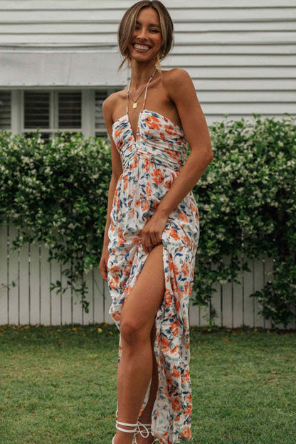 Maxikleid aus Chiffon mit Blumenmuster und Neckholder