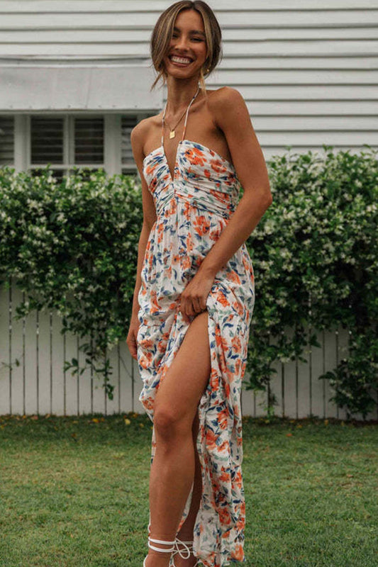 Halter Floral Print Chiffon Maxi Dress - Seldom Seen Styles
