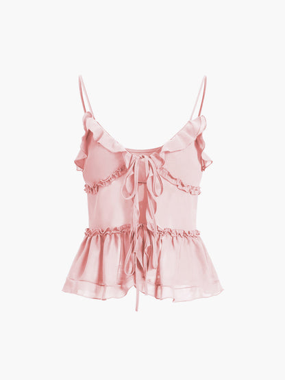 Women's Sheer Ruffle Camisole Top Tie Front Peplum Summer Tank