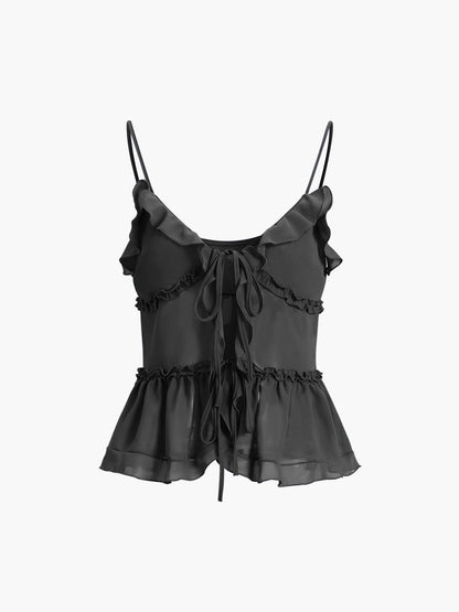 Women's Sheer Ruffle Camisole Top Tie Front Peplum Summer Tank