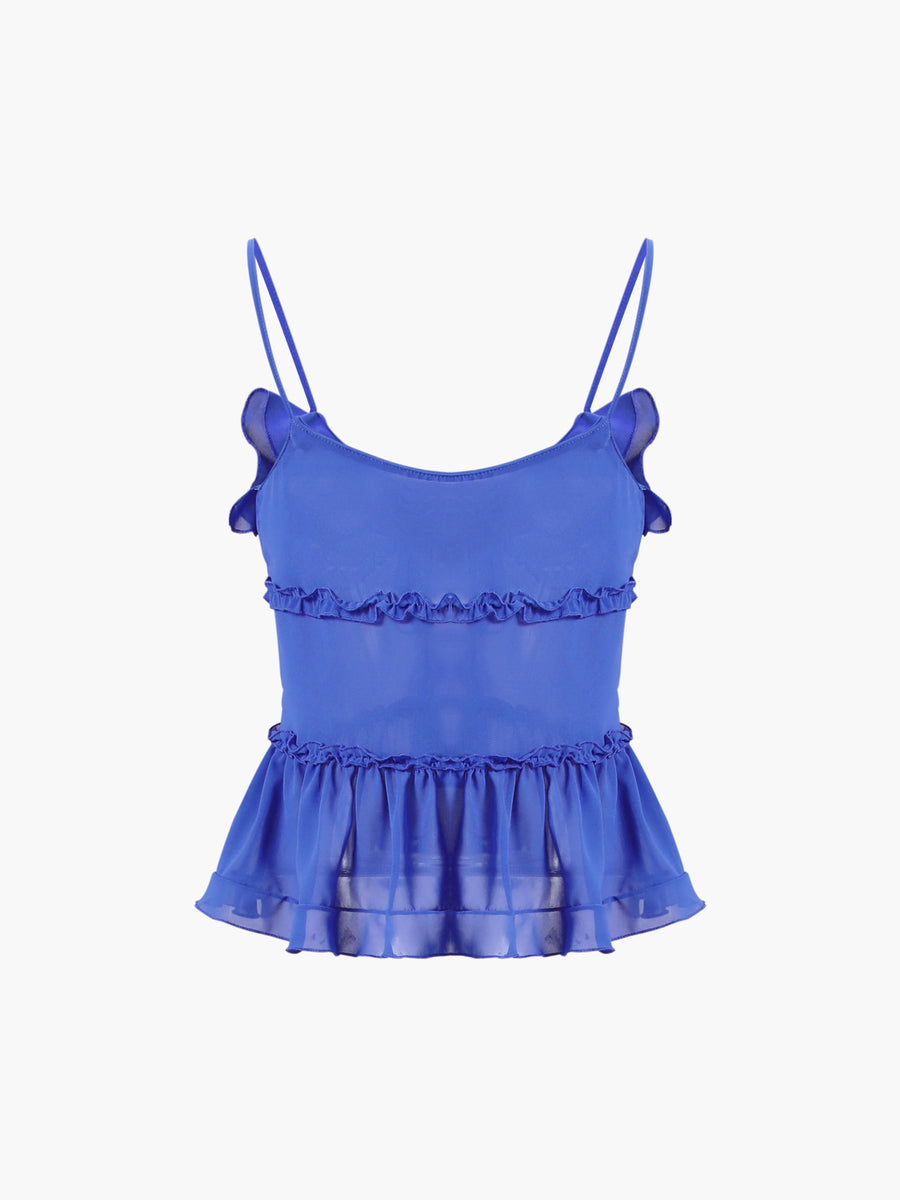 Women's Sheer Ruffle Camisole Top Tie Front Peplum Summer Tank - Seldom Seen Styles