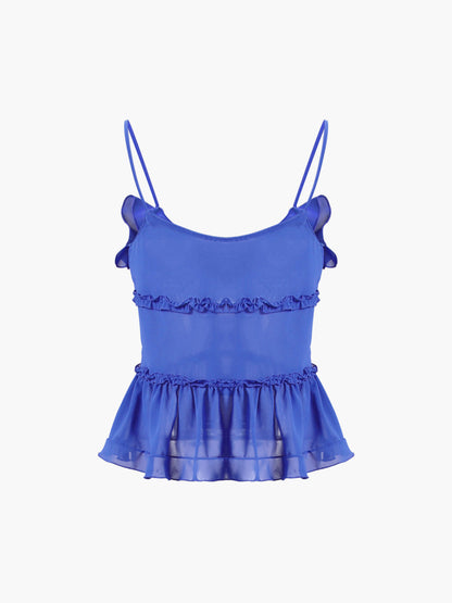 Women's Sheer Ruffle Camisole Top Tie Front Peplum Summer Tank