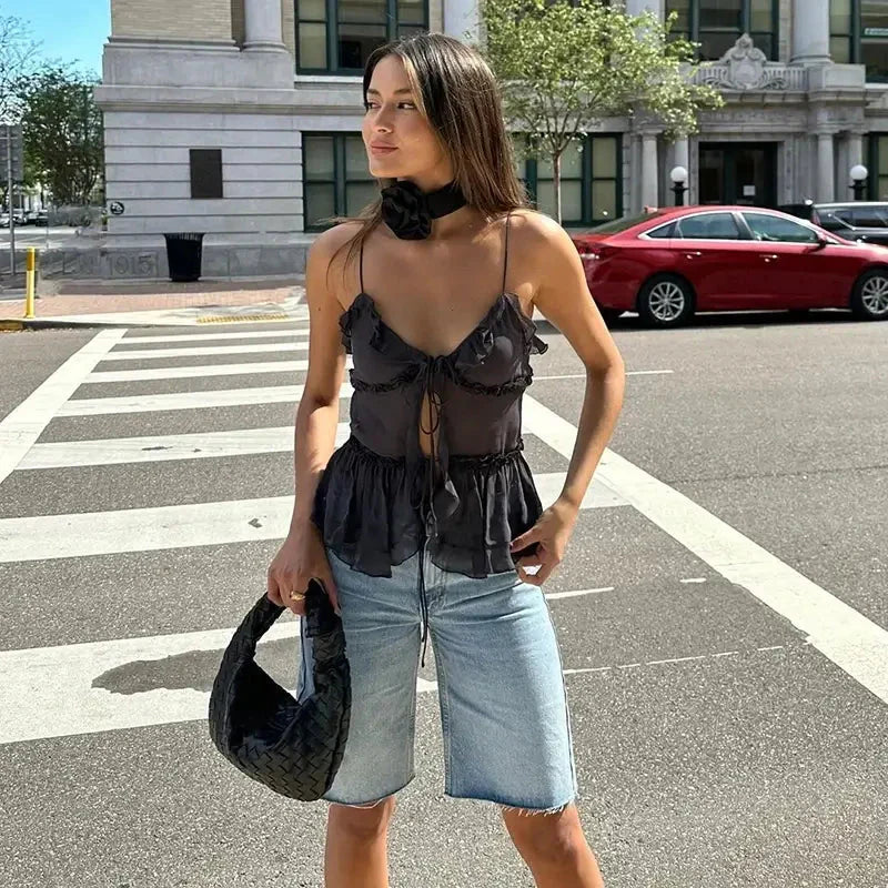 Women's Sheer Ruffle Camisole Top Tie Front Peplum Summer Tank - Seldom Seen Styles