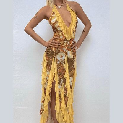 Robe longue en voile imprimé à nouer dans le cou, col en V et volants