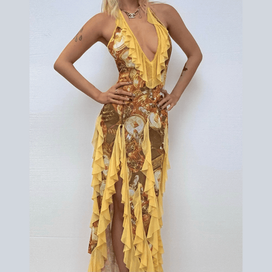 Halter self tie mesh ruffle print v neck maxi dress - Seldom Seen Styles