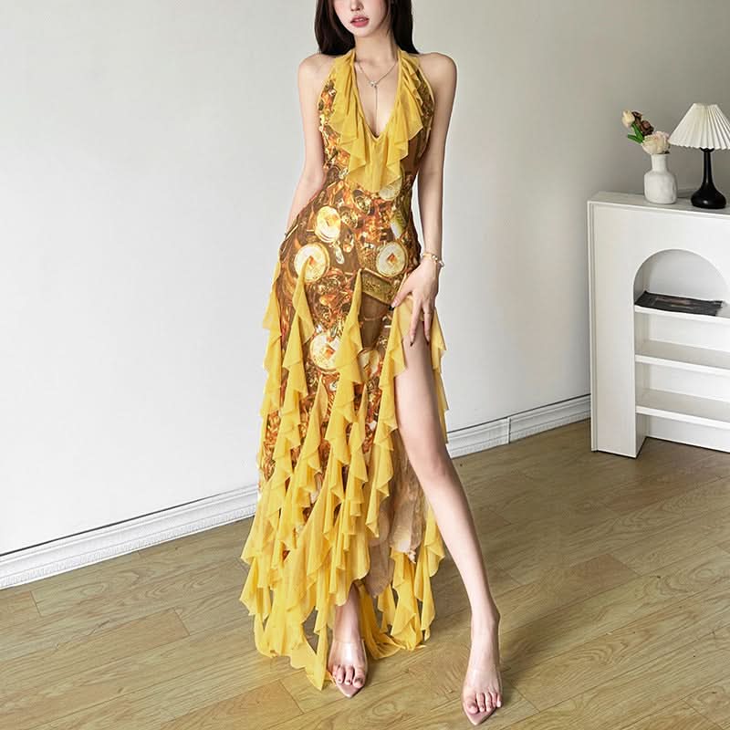 Halter self tie mesh ruffle print v neck maxi dress - Seldom Seen Styles