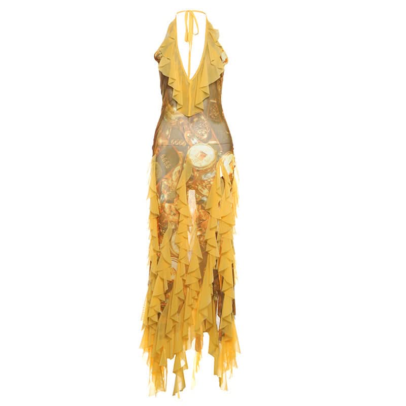 Halter self tie mesh ruffle print v neck maxi dress - Seldom Seen Styles