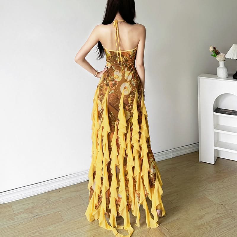 Halter self tie mesh ruffle print v neck maxi dress - Seldom Seen Styles