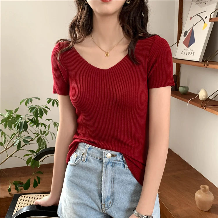 AOSSVIAO 2024 Grundlegende V-ausschnitt Solide Dünne Sommer Pullover Frauen Weibliche Gestrickte Rippen Pullover Schlank Kurzarm Bodycon Pullover