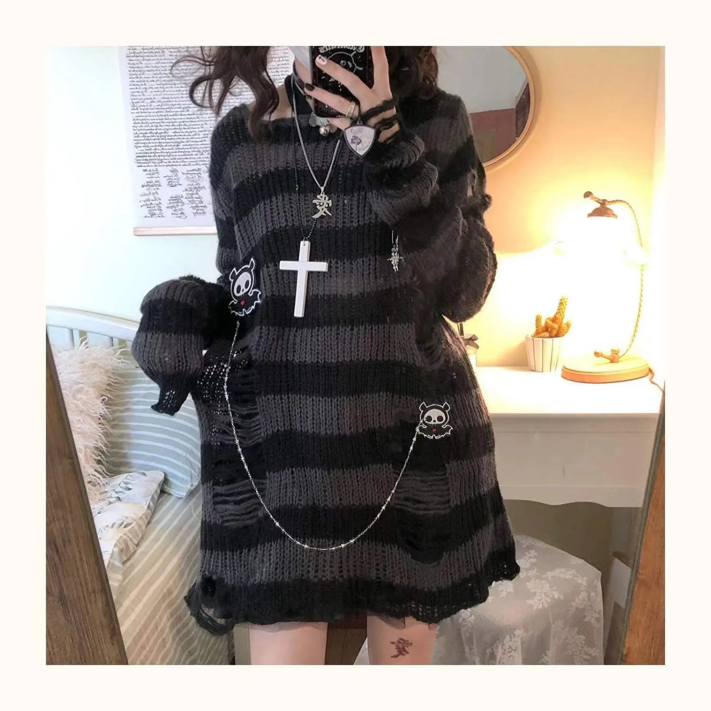 Karrram Pink Striped Gothic Sweaters Women Ripped Holes Loose Knitted Pullover Frayed Fairy Grunge Jumpers Emo Streetwear Lolita