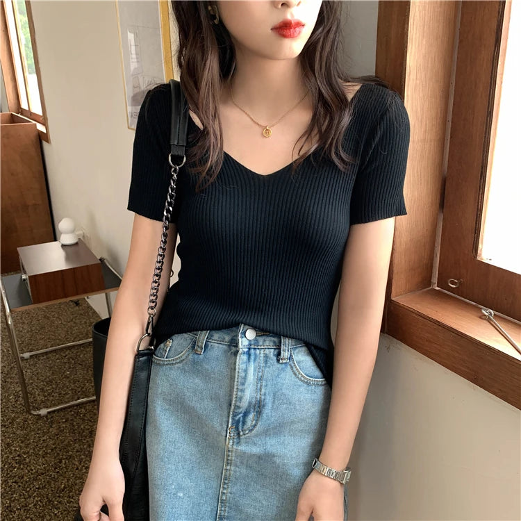 AOSSVIAO 2024 Basic V-neck Solid Thin Summer Pullover Women Female Knitted Ribbed Sweater Slim Short Sleeve Bodycon Sweater