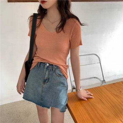 AOSSVIAO 2024 Basic V-neck Solid Thin Summer Pullover Women Female Knitted Ribbed Sweater Slim Short Sleeve Bodycon Sweater