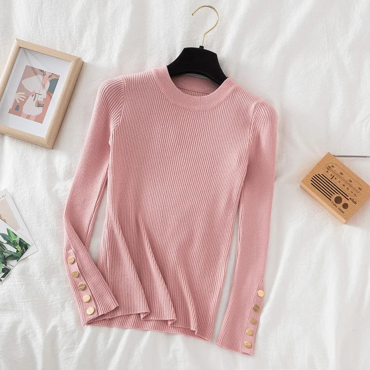 2024 women thick sweater pullovers khaki casual autumn winter button o-neck chic sweater female slim knit top soft jumper tops