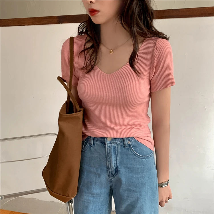 AOSSVIAO 2024 Basic V-neck Solid Thin Summer Pullover Women Female Knitted Ribbed Sweater Slim Short Sleeve Bodycon Sweater