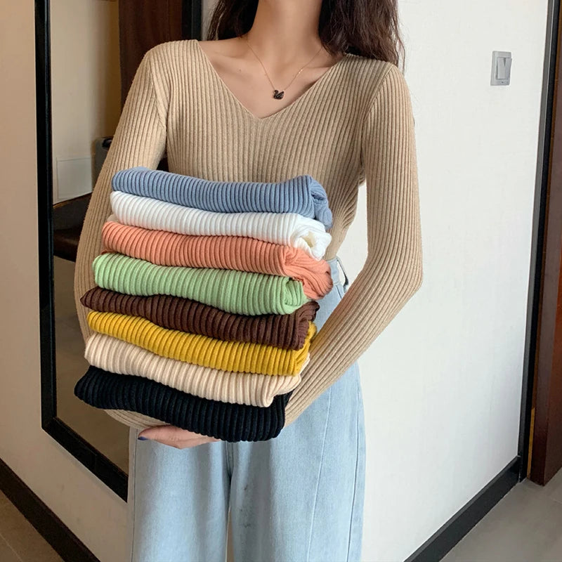 2024 Basic B-neck Solid Autumn Winter Pullover Women Female Knitted Ribbed Sweater Slim Long Sleeve Badycon High Quality Sweater