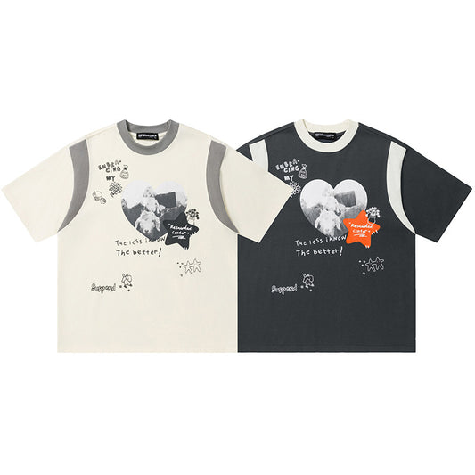 Heart Collage Graphic Oversized T-Shirt Faux Layer Crew Neck Short Sleeve Casual Summer Streetwear Tee | Less Know Tee - Seldom Seen Styles