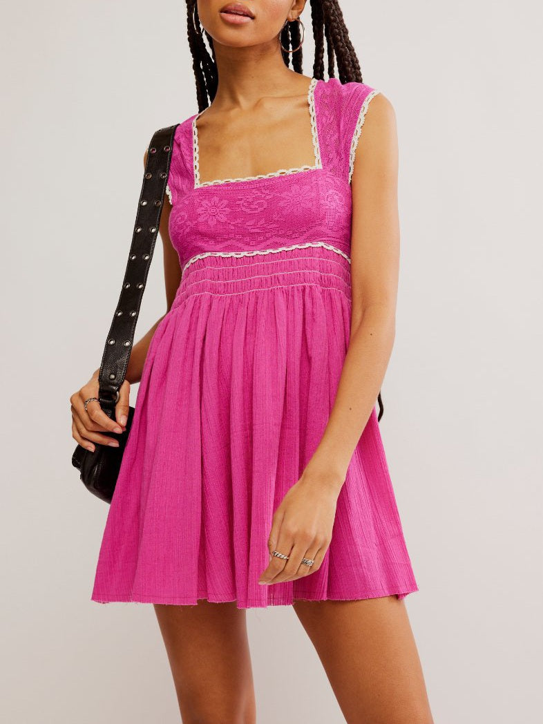 Women's Babydoll Mini Dress Lace Trim Flowy Summer Dress - Seldom Seen Styles
