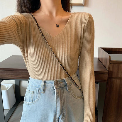 Women Female Knitted Ribbed Sweater Autumn Winter Pullover  Slim Long Sleeve  Sweater