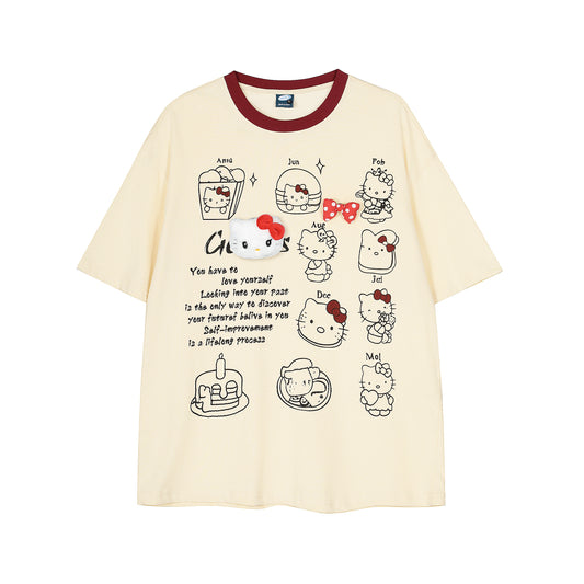Hello Kitty 3D Bow Plush Patch Graphic Tee Oversized Short Sleeve Kawaii Cute Ringer Collar Y2K Summer T-Shirt | Kitty Bow - Seldom Seen Styles