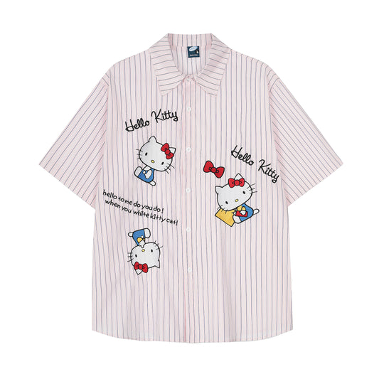 Hello Kitty Stripe Short Sleeve Shirt Oversized Button Down Kawaii Graphic Cute Y2K Casual Summer Top | Kitty Stripe - Seldom Seen Styles