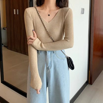 Women Female Knitted Ribbed Sweater Autumn Winter Pullover  Slim Long Sleeve  Sweater