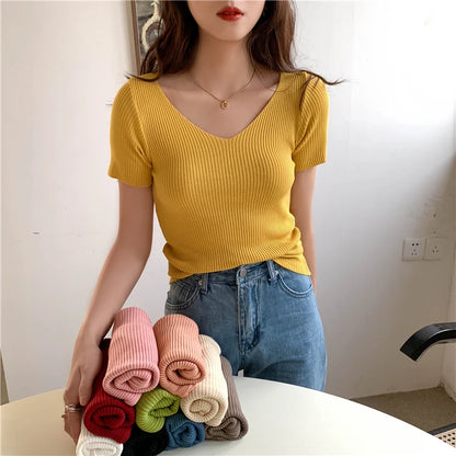 AOSSVIAO 2024 Basic V-neck Solid Thin Summer Pullover Women Female Knitted Ribbed Sweater Slim Short Sleeve Bodycon Sweater