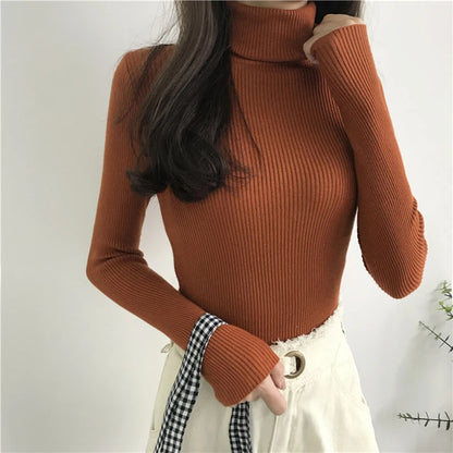 Autumn Winter Thick Sweater Women Knitted Ribbed Pullover  Long Sleeve Turtleneck Slim Jumper Soft Warm  Femme