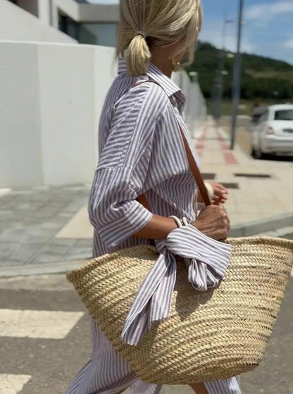High-Low Striped Shirt Dress for Women – Effortlessly Stylish & Versatile