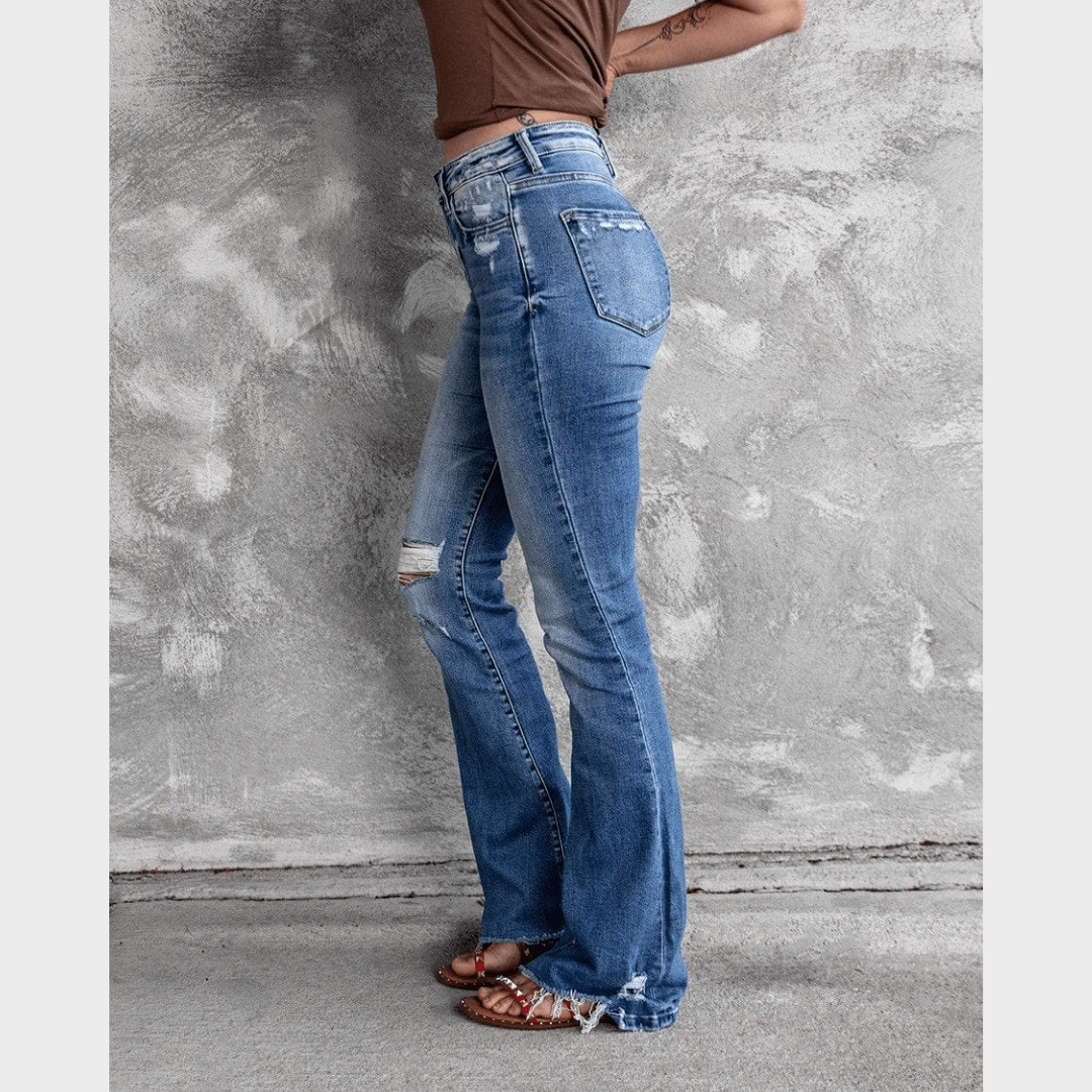 High Waist Ripped Flare Leg Denim Jeans - Seldom Seen Styles