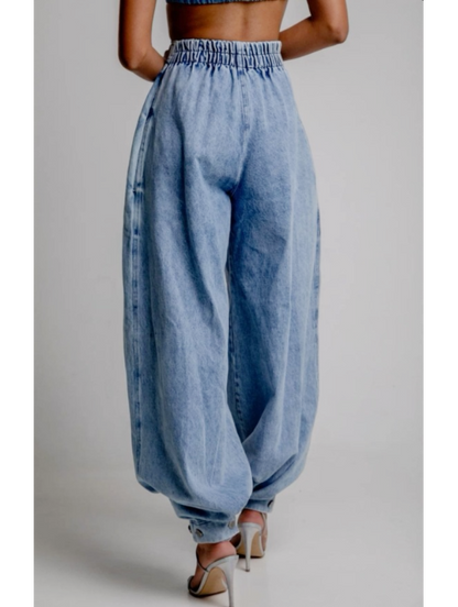 Women Baggy Harem Jeans Joggers Denim Pants Wide Leg Jeans High Rise Sweatpants Tapered Leg Trousers