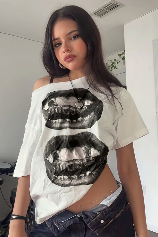 Hip Hop Lip Print Asymmetric Neck Sexy T-shirt - Seldom Seen Styles