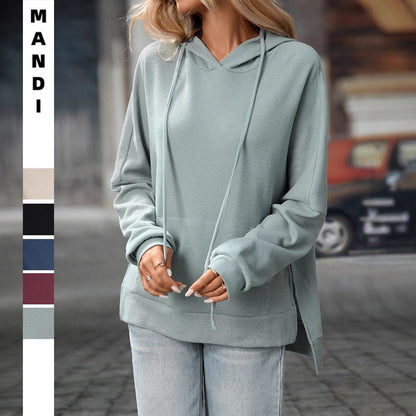 Hoodies for Women Casual Long Sleeve Waffle Knit Drawstring Side Slit Pullover Sweatshirts with Pocket