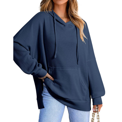 Hoodies for Women Casual Long Sleeve Waffle Knit Drawstring Side Slit Pullover Sweatshirts with Pocket