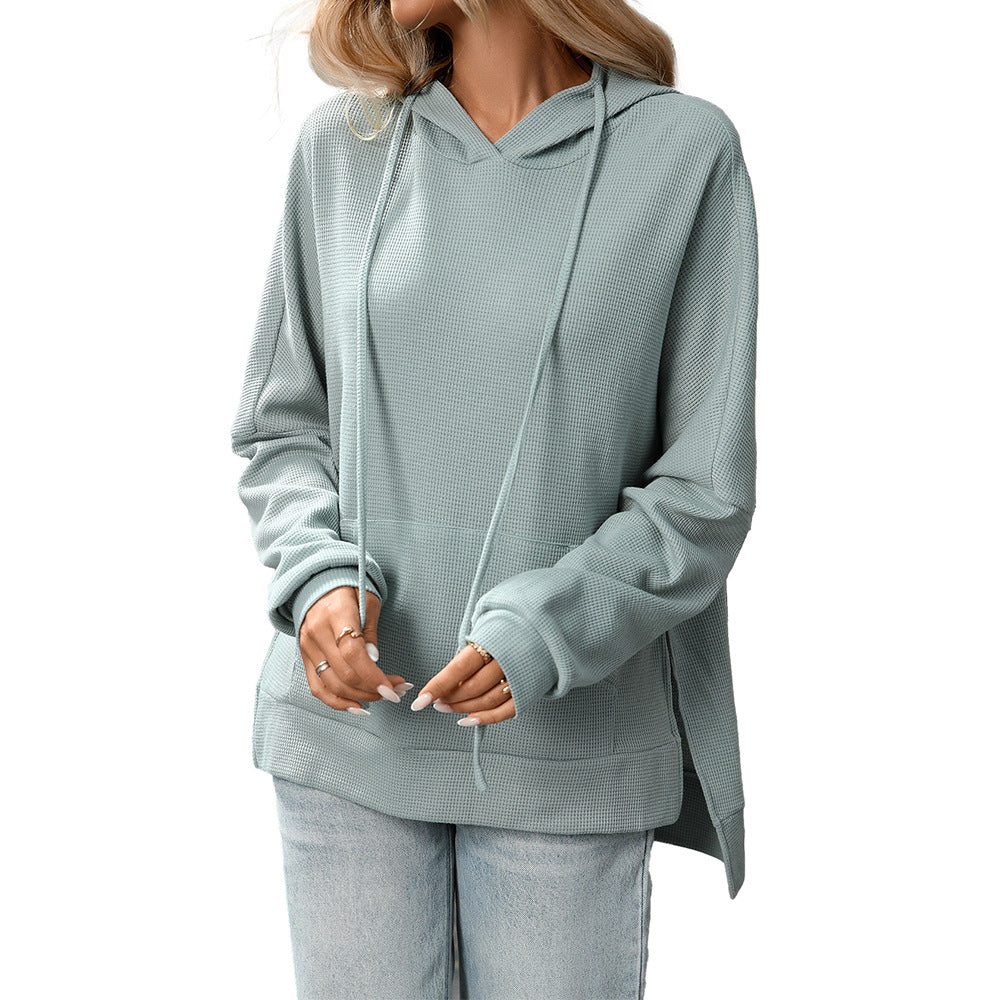 Hoodies for Women Casual Long Sleeve Waffle Knit Drawstring Side Slit Pullover Sweatshirts with Pocket - Seldom Seen Styles