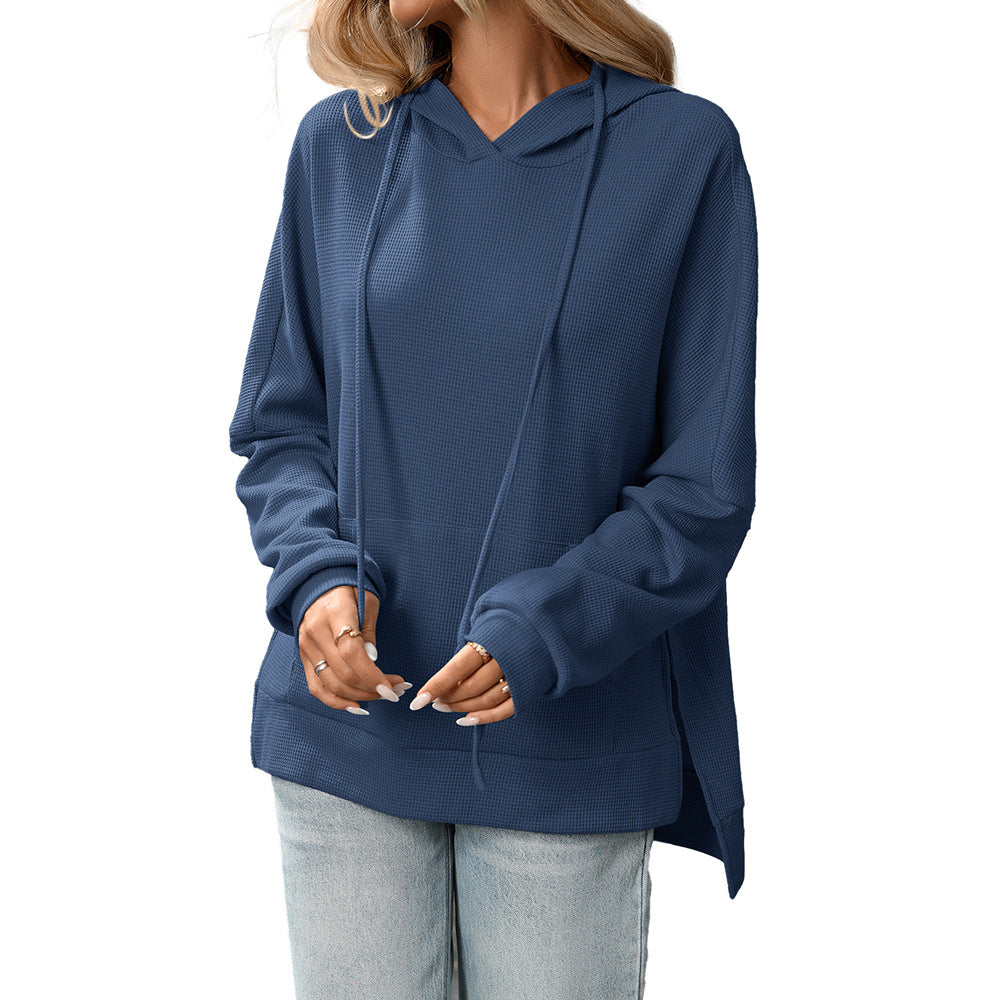 Hoodies for Women Casual Long Sleeve Waffle Knit Drawstring Side Slit Pullover Sweatshirts with Pocket - Seldom Seen Styles