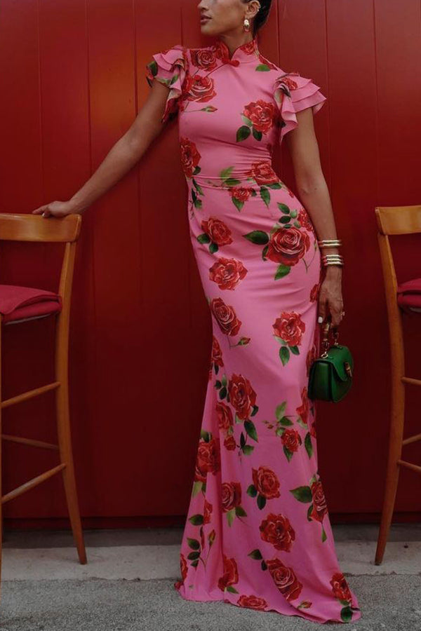 🎉Hot Sale 49% OFF🥳Cheongsam Style Rose Floral Print Tiered Flare Sleeve Stretch Maxi Dress - Seldom Seen Styles