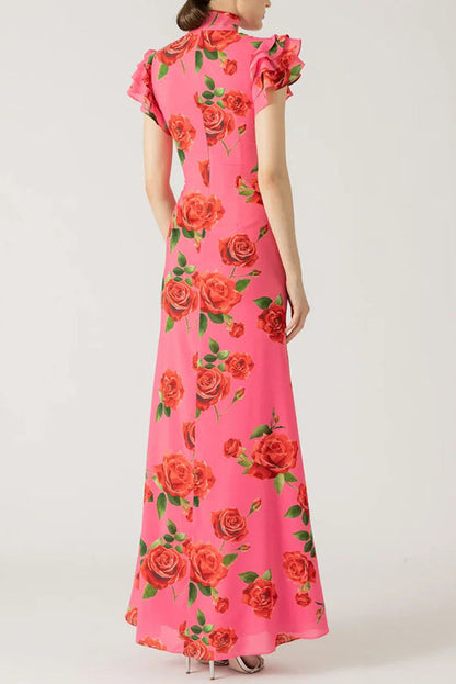 🎉Grande Braderie 49% DE RÉDUCTION🥳Robe longue stretch évasée à manches étagées, style Cheongsam à imprimé floral de roses