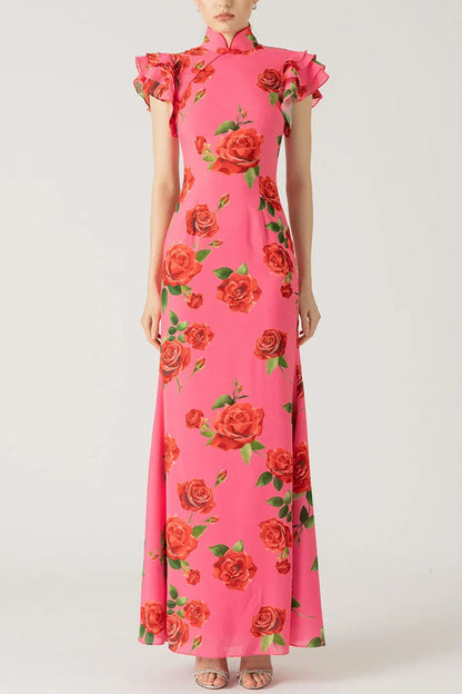 🎉Grande Braderie 49% DE RÉDUCTION🥳Robe longue stretch évasée à manches étagées, style Cheongsam à imprimé floral de roses