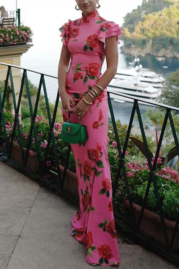 🎉Hot Sale 49% OFF🥳Cheongsam Style Rose Floral Print Tiered Flare Sleeve Stretch Maxi Dress - Seldom Seen Styles