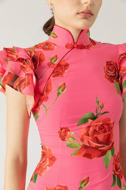 🎉Grande Braderie 49% DE RÉDUCTION🥳Robe longue stretch évasée à manches étagées, style Cheongsam à imprimé floral de roses