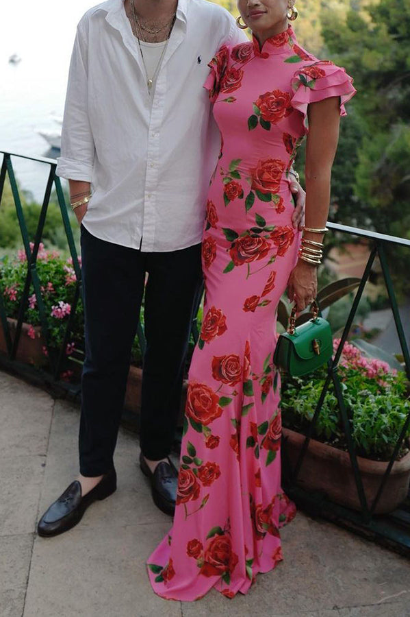 🎉Hot Sale 49% OFF🥳Cheongsam Style Rose Floral Print Tiered Flare Sleeve Stretch Maxi Dress - Seldom Seen Styles