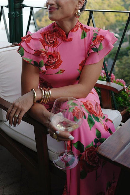 🎉Grande Braderie 49% DE RÉDUCTION🥳Robe longue stretch évasée à manches étagées, style Cheongsam à imprimé floral de roses