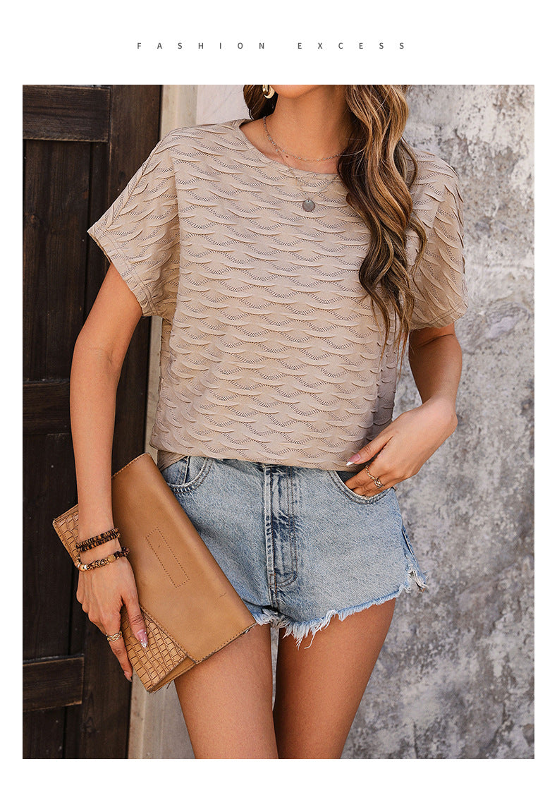 Hot-Selling Top Casual Versatile Solid Color Batwing Sleeve Summer Wave Pattern Top - Seldom Seen Styles