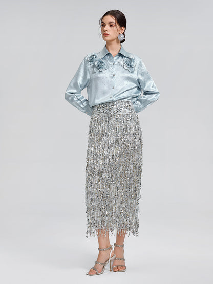 Tassel Sequin Midi Skirt