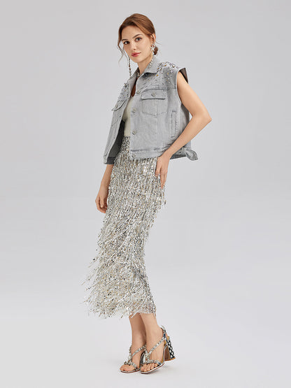 Tassel Sequin Midi Skirt