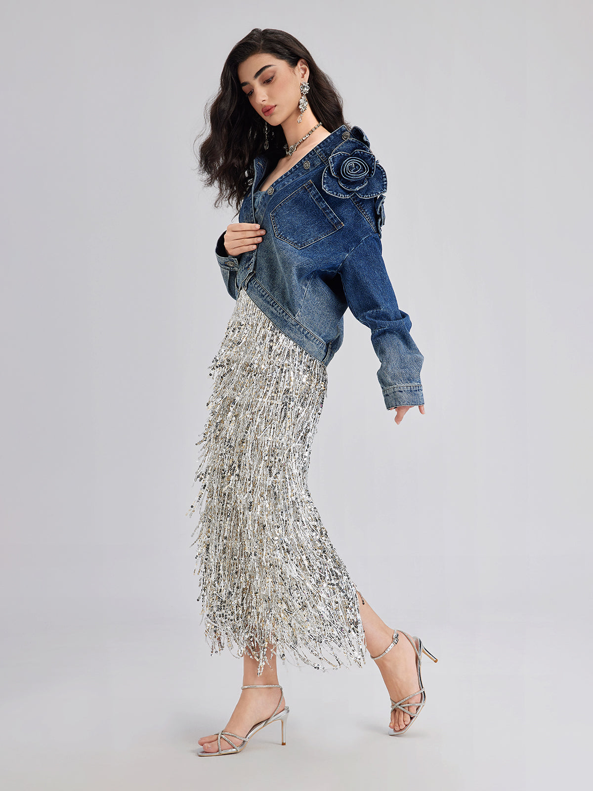 Tassel Sequin Midi Skirt