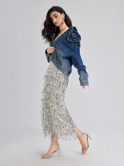 Tassel Sequin Midi Skirt