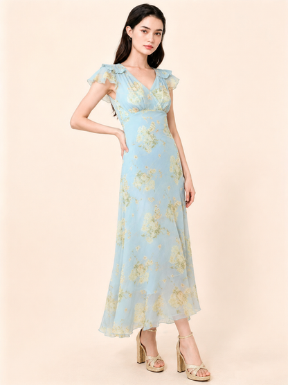 IMANI DRESS  Floral Ruffle Sleeve V-Neck Chiffon Maxi Dress Elegant A-Line Wedding Guest Summer Vacation