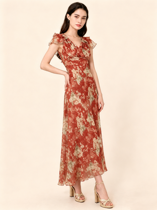 IMANI DRESS  Floral Ruffle Sleeve V-Neck Chiffon Maxi Dress Elegant A-Line Wedding Guest Summer Vacation - Seldom Seen Styles